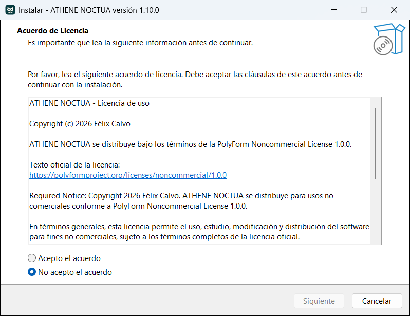 Asistente de instalación de ATHENE NOCTUA, en el paso de aceptar el acuerdo de licencia.