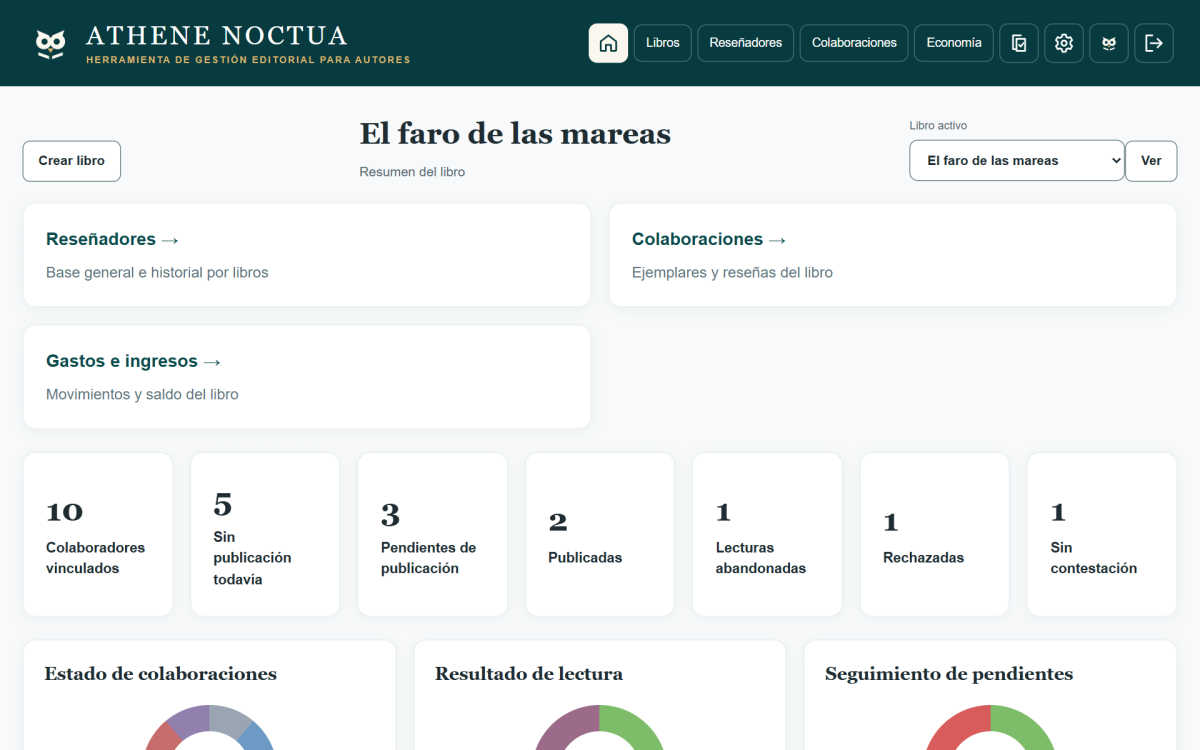 Portada de ATHENE NOCTUA, con el resumen del libro activo y accesos a las secciones principales de la aplicación.