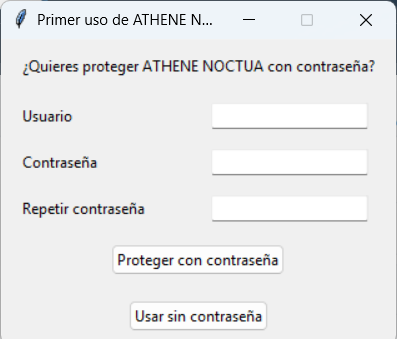Primer arranque de ATHENE NOCTUA, con la opción de proteger el acceso con contraseña.