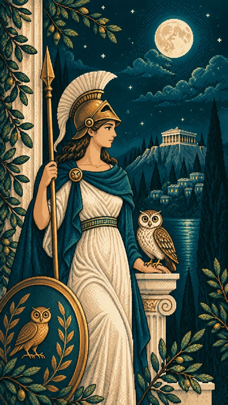 Atenea con un búho en una escena nocturna de estilo pixel art.