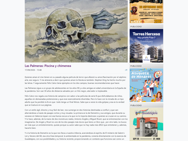 Captura de la reseña: sobre el texto, la ilustración de una calavera en una playa.